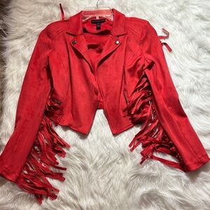 Material Girl Vibrant Red Leather Jacket with Fringe